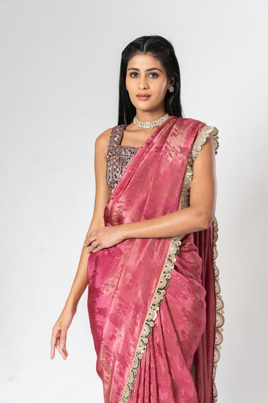 Tissue Embroidered Saree With Readymade Blouse