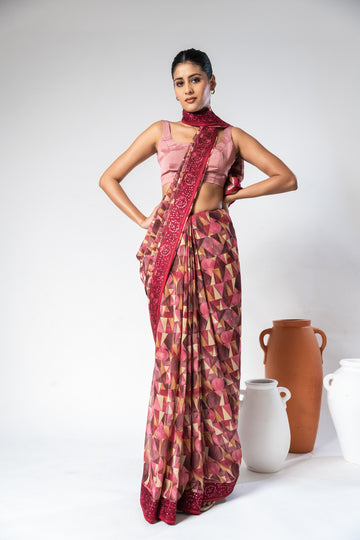 Onion Georgette Digital Print Saree With Unstitched Blouse