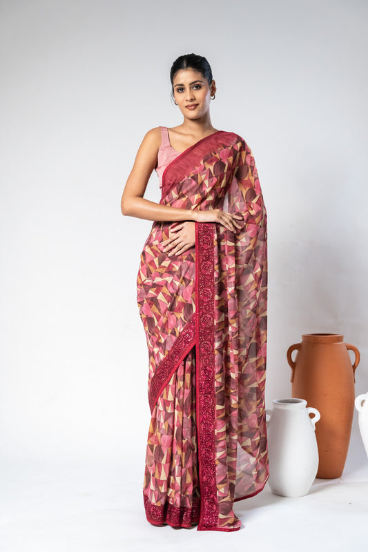 Onion Georgette Digital Printed Saree With Unstitched Blouse