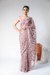 Mauve Net Embroidered Saree With Unstitched Blouse