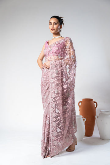 Mauve Net Embroidered Saree With Unstitched Blouse