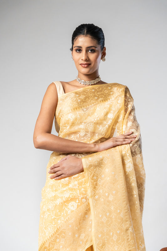 Mango Gold Organza Embellished Saree With Unstitched Blouse