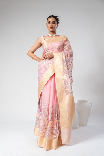 Pink Organza Embroidered Saree With Unstitched Blouse