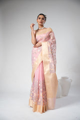 Pink Organza Embroidered Saree With Unstitched Blouse