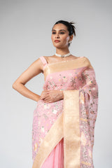 Pink Organza Embroidered Saree With Unstitched Blouse