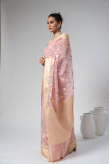 Pink Organza Embroidered Saree With Unstitched Blouse