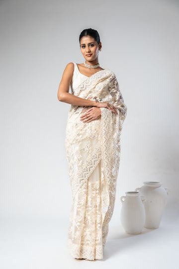 White Net Embroidered Saree With Unstitched Blouse  (Ft:-Isha Borah)