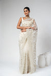 Off White Net Embroidered Saree With Unstitched Blouse