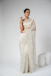 Off White Net Embroidered Saree With Unstitched Blouse