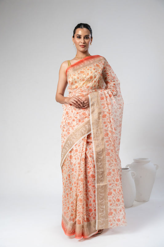 Off White Peach Floral Printed Cotton Saree With Unstitched Blouse
