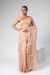 Off White Peach Cotton Floral Print Saree With Unstitched Blouse