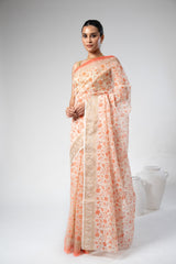 Off White Peach Cotton Floral Print Saree With Unstitched Blouse