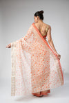 Off White Peach Cotton Floral Print Saree With Unstitched Blouse