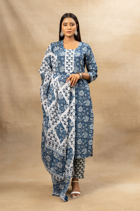 Indigo Blue Cotton Kurti And Pant With Cotton Dupatta