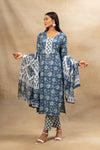 Indigo Blue Cotton Readymade Suit And Pant With Cotton Dupatta