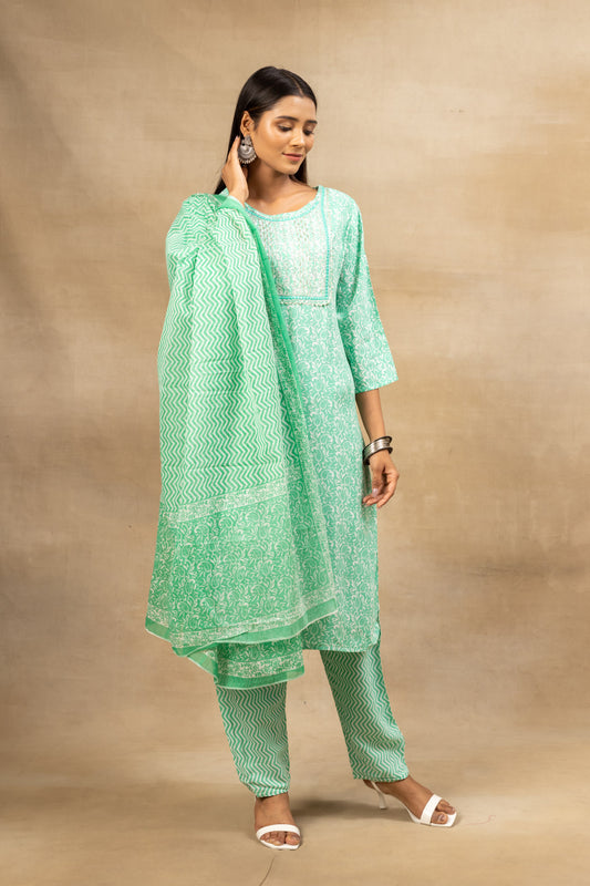 Tea Green Cotton Readymade Suit And Pant With Cotton Dupatta