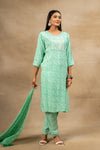 Tea Green Cotton Readymade Suit And Pant With Cotton Dupatta