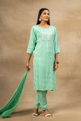 Tea Green Cotton Kurti And Pant With Cotton Dupatta