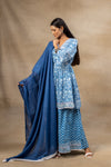 Blue White Cotton Readymade Sharara Set With Cotton Dupatta