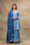 Blue White Cotton Readymade Sharara Set With Cotton Dupatta