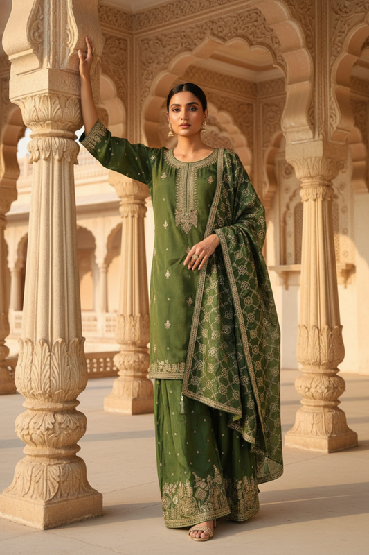 Celebrate Tradition In Mehndi Tissue Readymade Sharara Set With Chinon Dupatta
