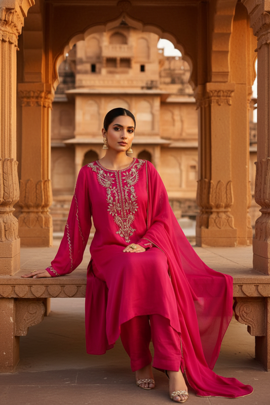 Timeless Elegance Rani Crepe Readymade Suit And Plazzo With Chinon Dupatta