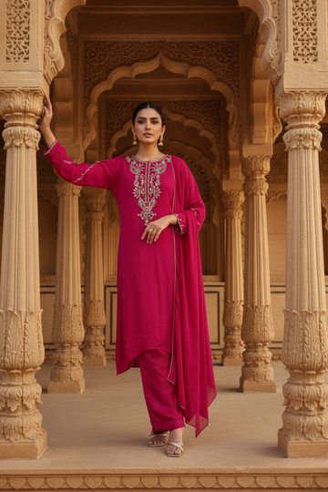 Timeless Elegance Rani Crepe Readymade Suit And Plazzo With Chinon Dupatta