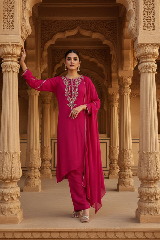 Timeless Elegance Rani Crepe Readymade Suit And Plazzo With Chinon Dupatta