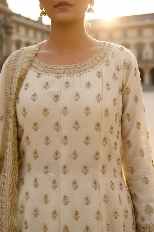 Timeless Beauty Tussar Tissue Readymade Sharara Set With Tissue Dupatta