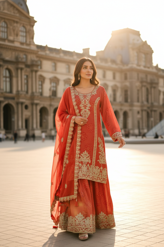 Nature’s own couture Rust Chinon Readymade Suit And Pant With Chinon Dupatta