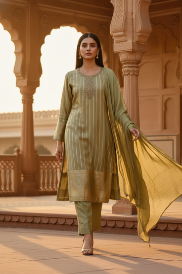 Wrapped in Elegance Pista Tissue Readymade Suit And Pant With Chinon Dupatta
