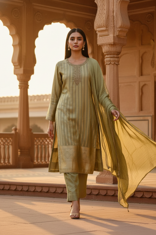 Wrapped in Elegance Pista Tissue Readymade Suit And Pant With Chinon Dupatta