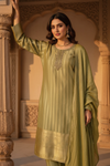 Wrapped in Elegance Pista Tissue Readymade Suit And Pant With Chinon Dupatta