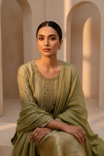 Wrapped in Elegance Pista Tissue Readymade Suit And Pant With Chinon Dupatta