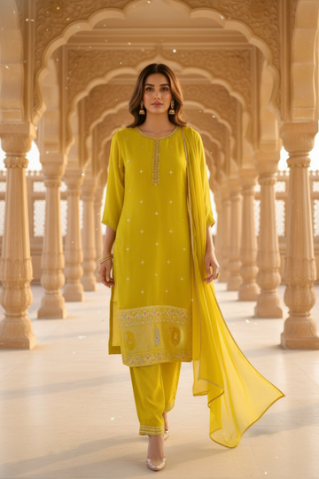 The Melody Of Spring Parrot Crepe Readymade Suit And Pant With Chinon Dupatta
