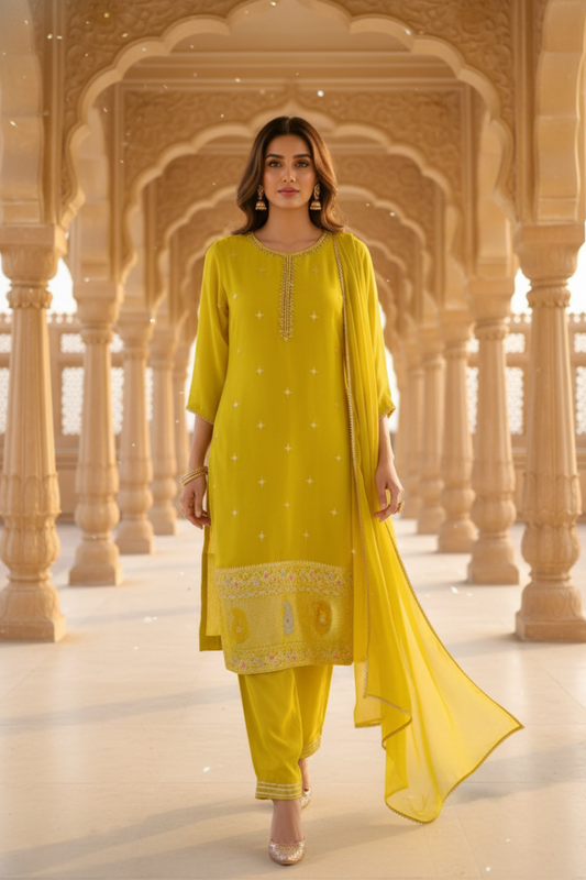 The Melody Of Spring Parrot Crepe Readymade Suit And Pant With Chinon Dupatta