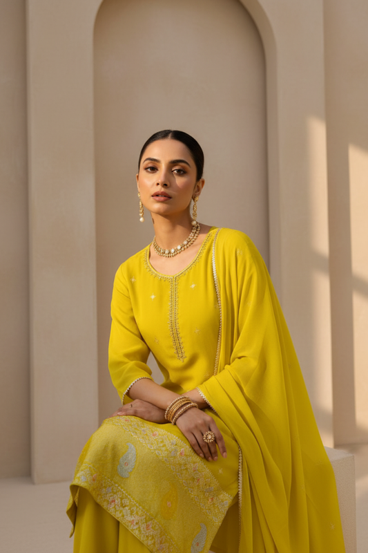 The Melody Of Spring Parrot Crepe Readymade Suit And Pant With Chinon Dupatta