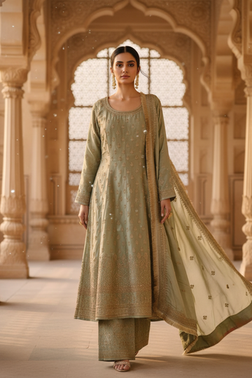 Wrapped In Elegance Pista Readymade Sharara Set With Tissue Dupatta