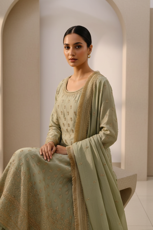 Wrapped In Elegance Pista Readymade Sharara Set With Tissue Dupatta