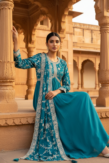 Soft Hues Rama Chinon Floor Length Readymade Suit With Net Dupatta