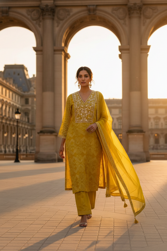 Radiate Glamour Lemon Gold Dola Readymade Suit And Plazzo With Tissue Dupatta