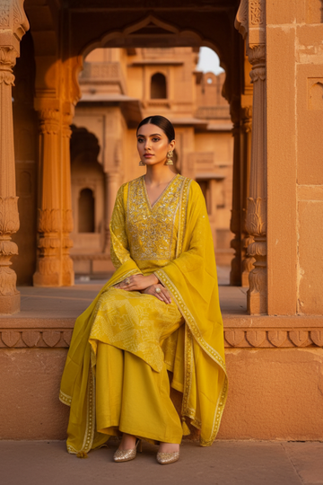 Radiate Glamour Lemon Gold Dola Readymade Suit And Plazzo With Tissue Dupatta