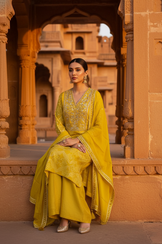 Radiate Glamour Lemon Gold Dola Readymade Suit And Plazzo With Tissue Dupatta
