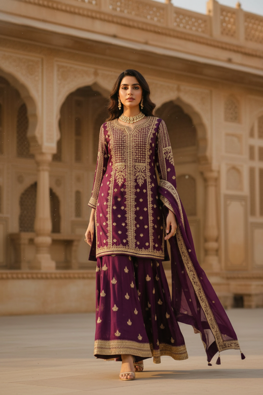 Regal And Radiant Garnet Chinon Readymade Sharara Set With Chinon Dupatta