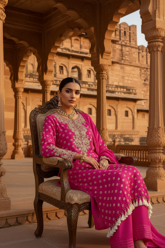 Timeless Elegance Rani Cotton Readymade Suit And Pant With Chinon Dupatta
