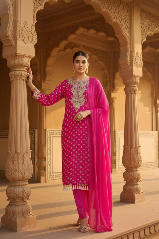 Timeless Elegance Rani Cotton Readymade Suit And Pant With Chinon Dupatta