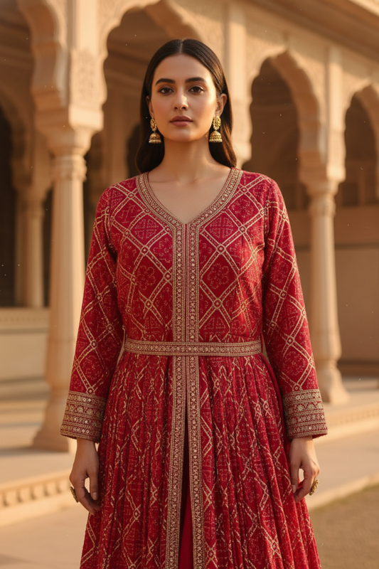 Heritage Heirloom Maroon Dolna Floor Length Readymade Suit And Pant With Chinon Dupatta