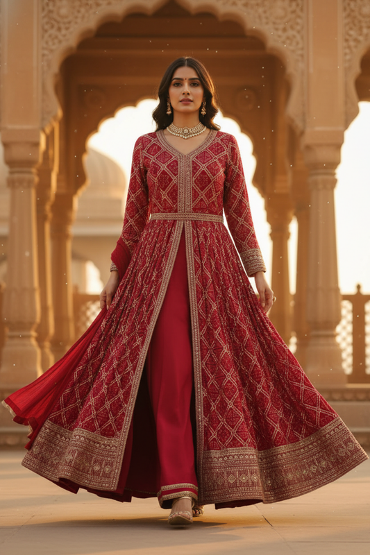 Heritage Heirloom Maroon Dolna Floor Length Readymade Suit And Pant With Chinon Dupatta
