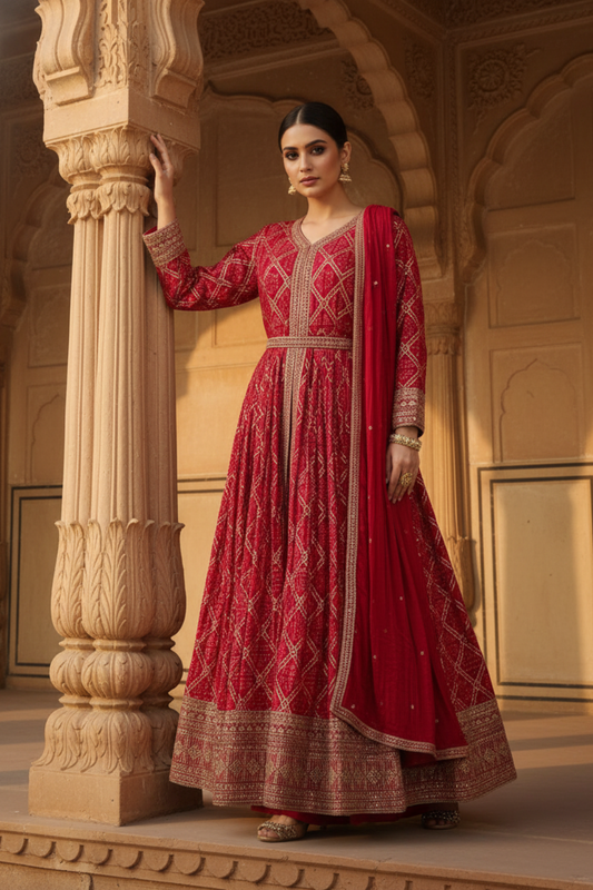 Heritage Heirloom Maroon Dolna Floor Length Readymade Suit And Pant With Chinon Dupatta