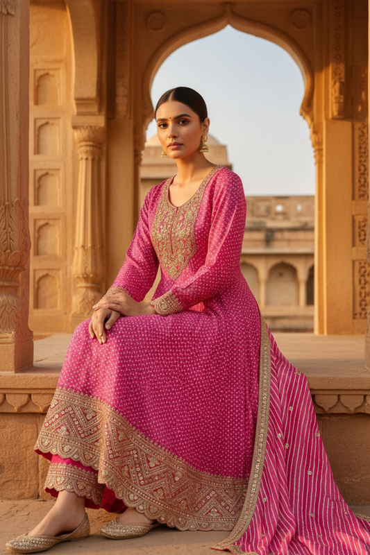 Timeless Elegance Rani Chinon Readymade Suit And Pant With Chinon Dupatta